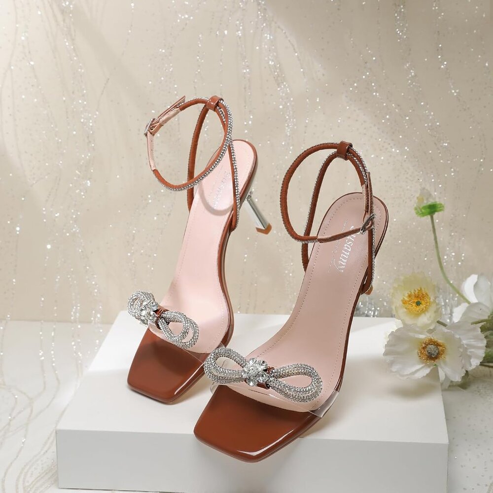 Women's Brown+bl Closed Toe Rhinestone Wedding Low Slingback Clear Kitten Heels - Picture 1 of 9